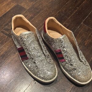 Gucci ACE Silver Glitter Sneakers with Red pink and navy Accents Sz 36